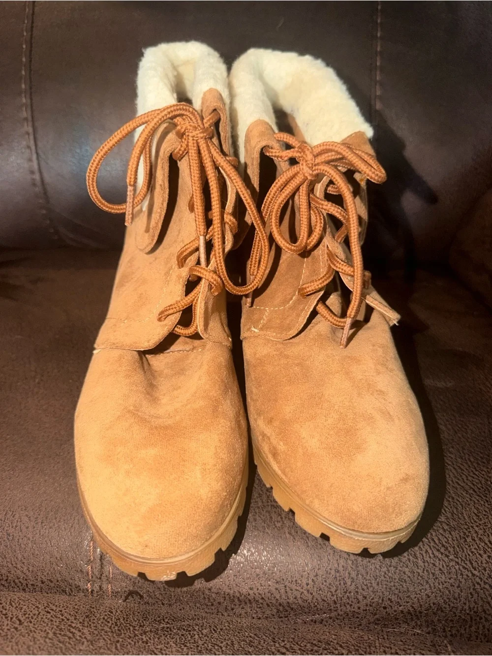 Women’s Tan Suede Wedge Bootie with Shearling Collar